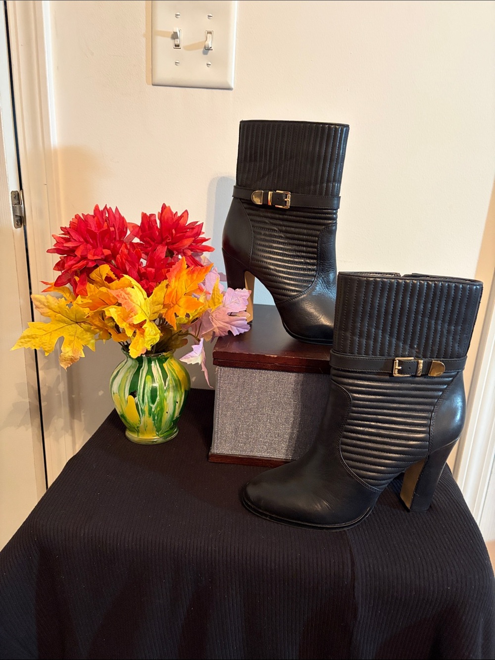 Vince Camuto Black Quilted Leather Ankle Boots with Gold Buckle